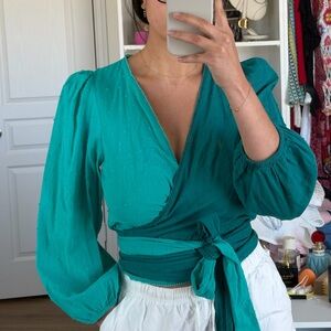 Teal Wrap Blouse with Tie Waist